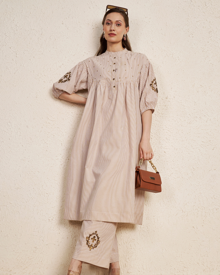Beige Latte Stripes Cotton Kurta Set