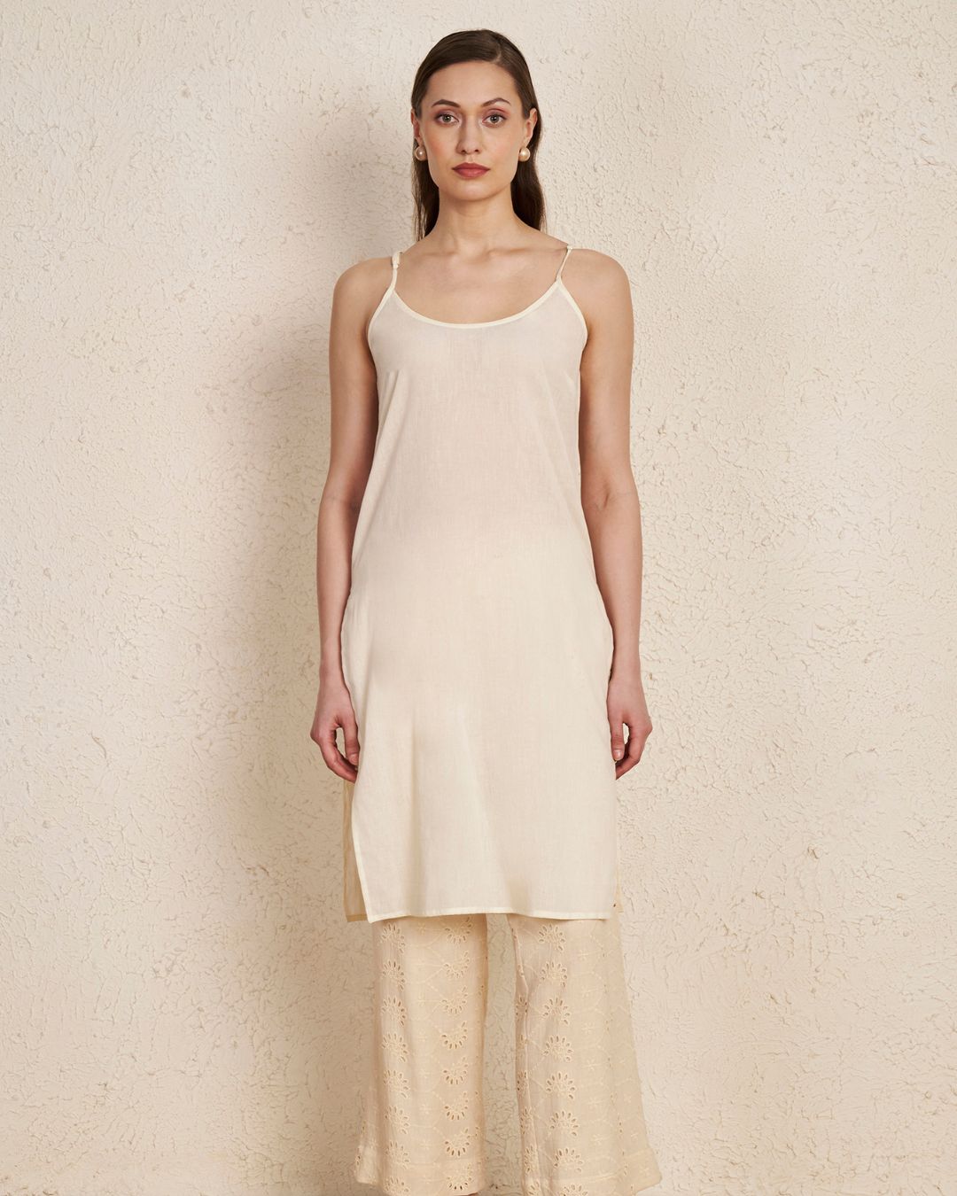 Beige Schiffli Cotton Kurta Set