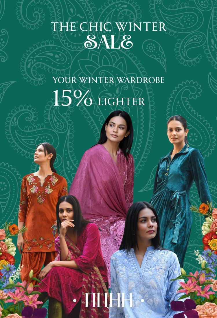 Advertisement for a winter sale with women in colorful outfits against a floral and paisley patterned background. Women dressed in velvet.