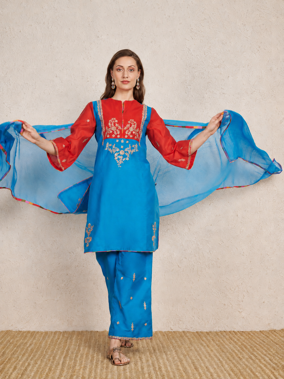 Turquoise Art Silk Kurta Set with Red Chanderi Sleeves