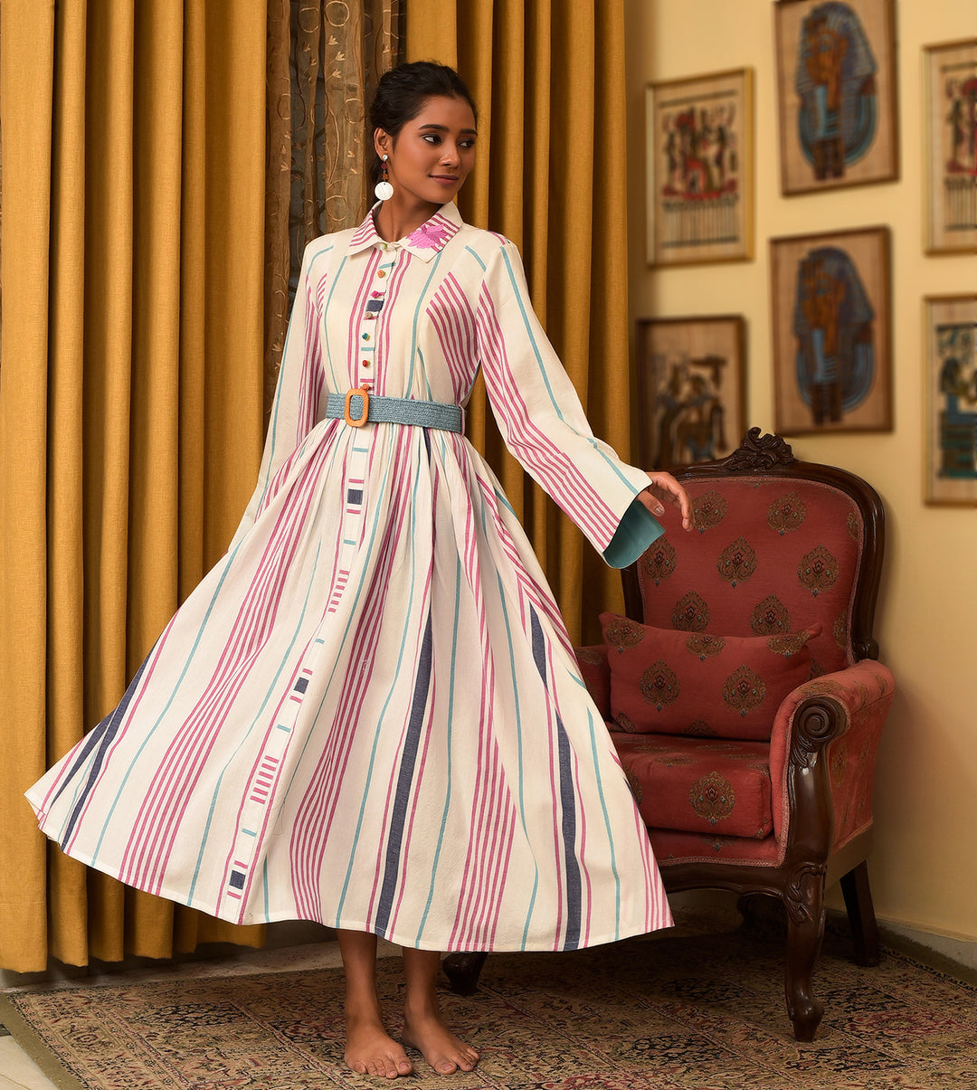 Raass Striped Harmony Handwoven Cotton A-Line Dress with Belt Nuhh Raass Striped Harmony Handwoven Cotton A-Line Dress with Belt Nuhh