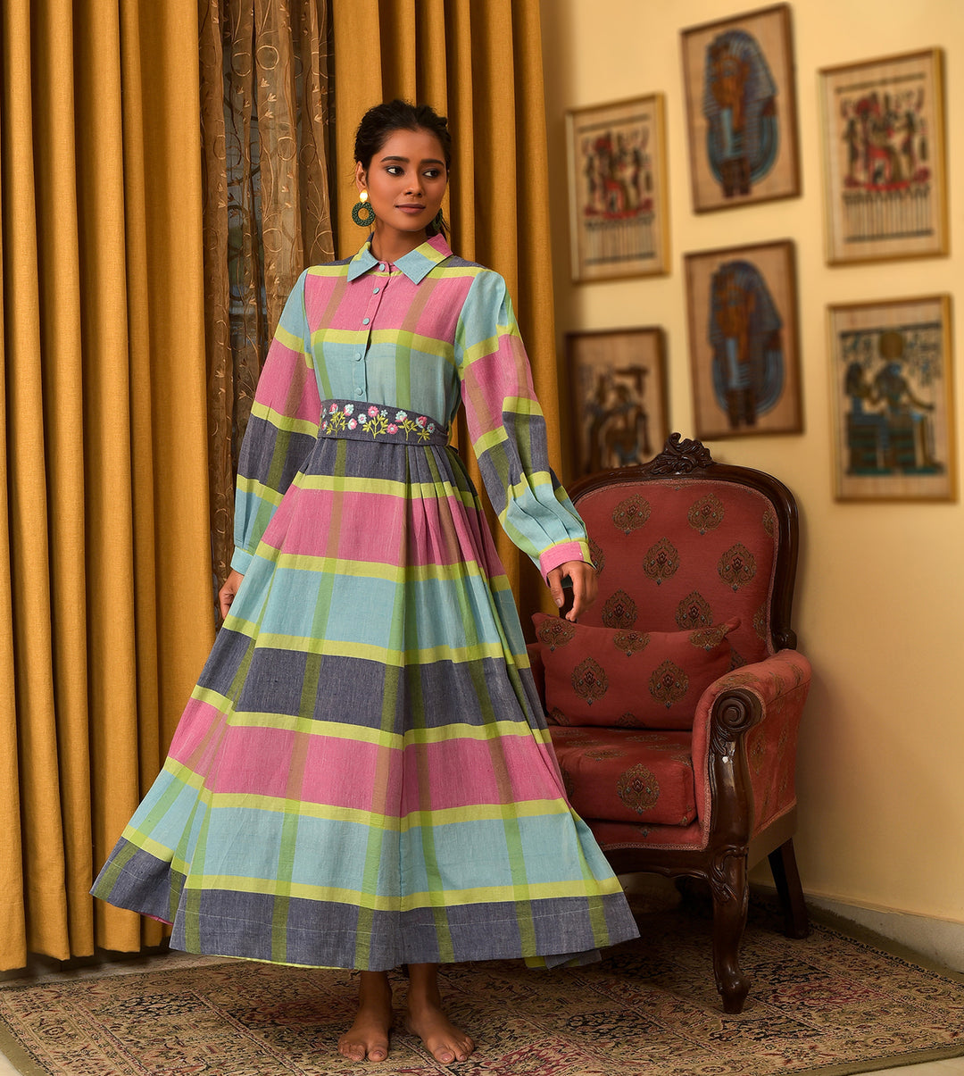 Raass Multicolor Handwoven Cotton A-Line Dress with Embroidered Belt Nuhh Raass Multicolor Handwoven Cotton A-Line Dress with Embroidered Belt Nuhh