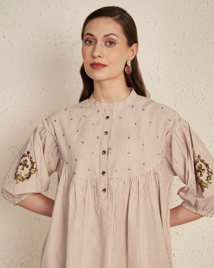 Beige Latte Stripes Cotton Kurta Set