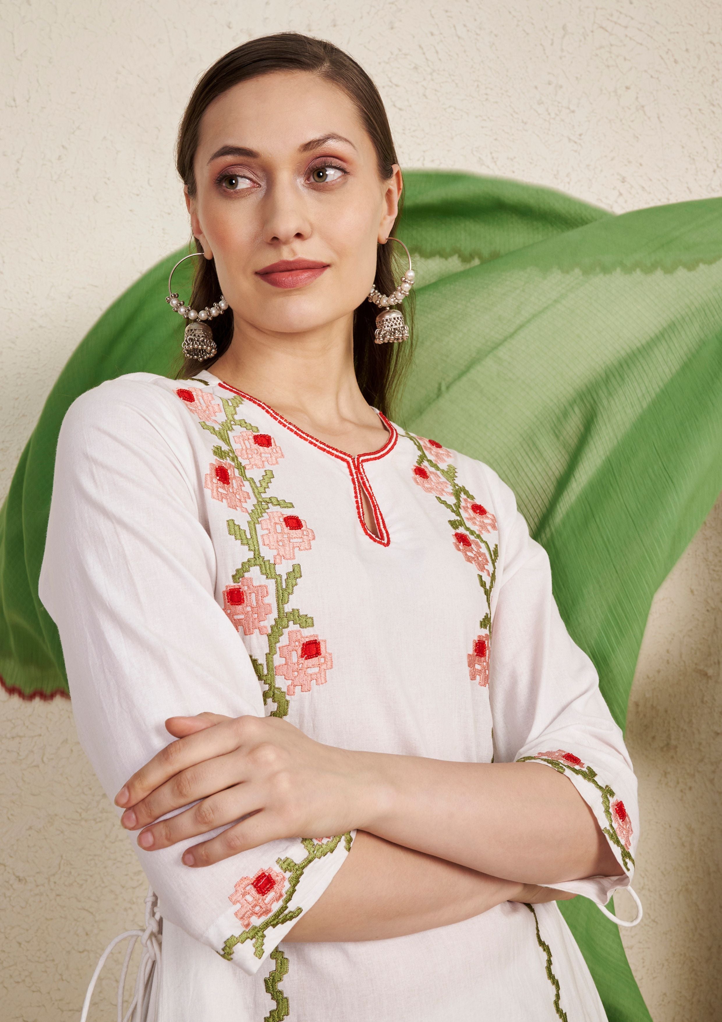 Ivory Floral Embroidered Kurta Set