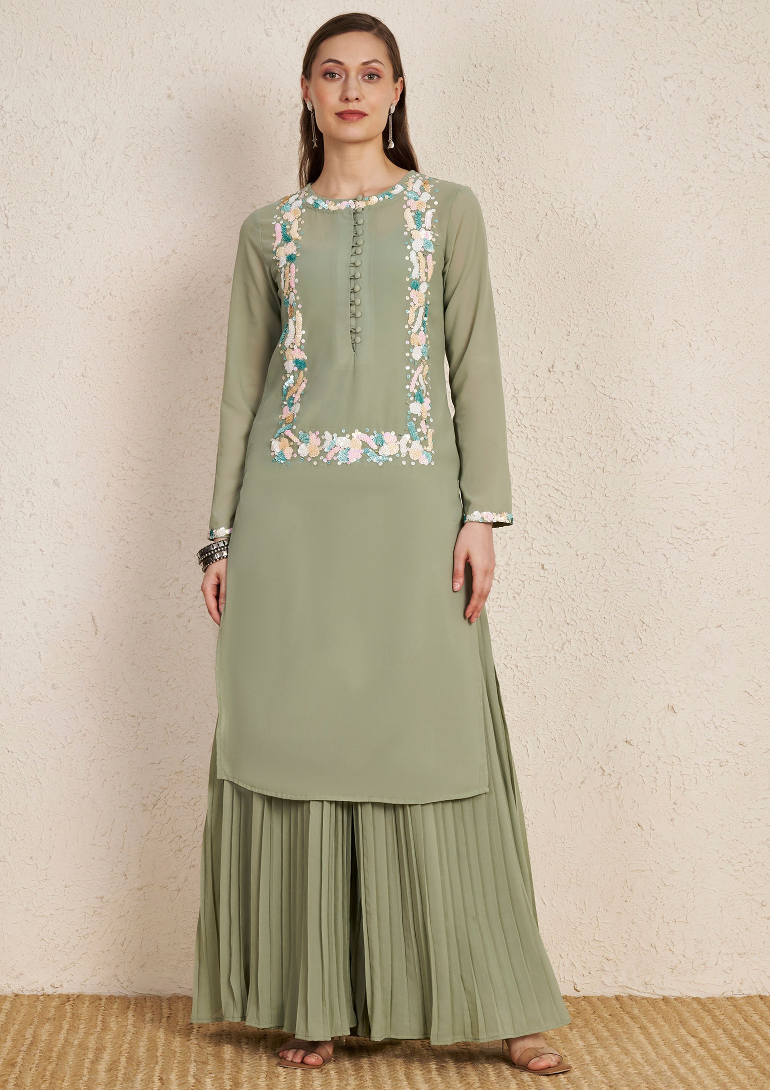 Pastel Sage Green Embroidered Kurta Set with Pleated Palazzo