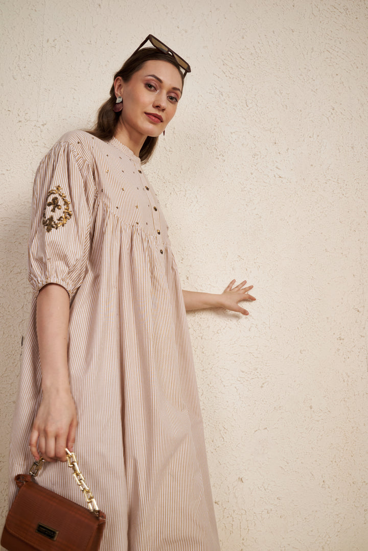 Beige Latte Stripes Cotton Kurta Set
