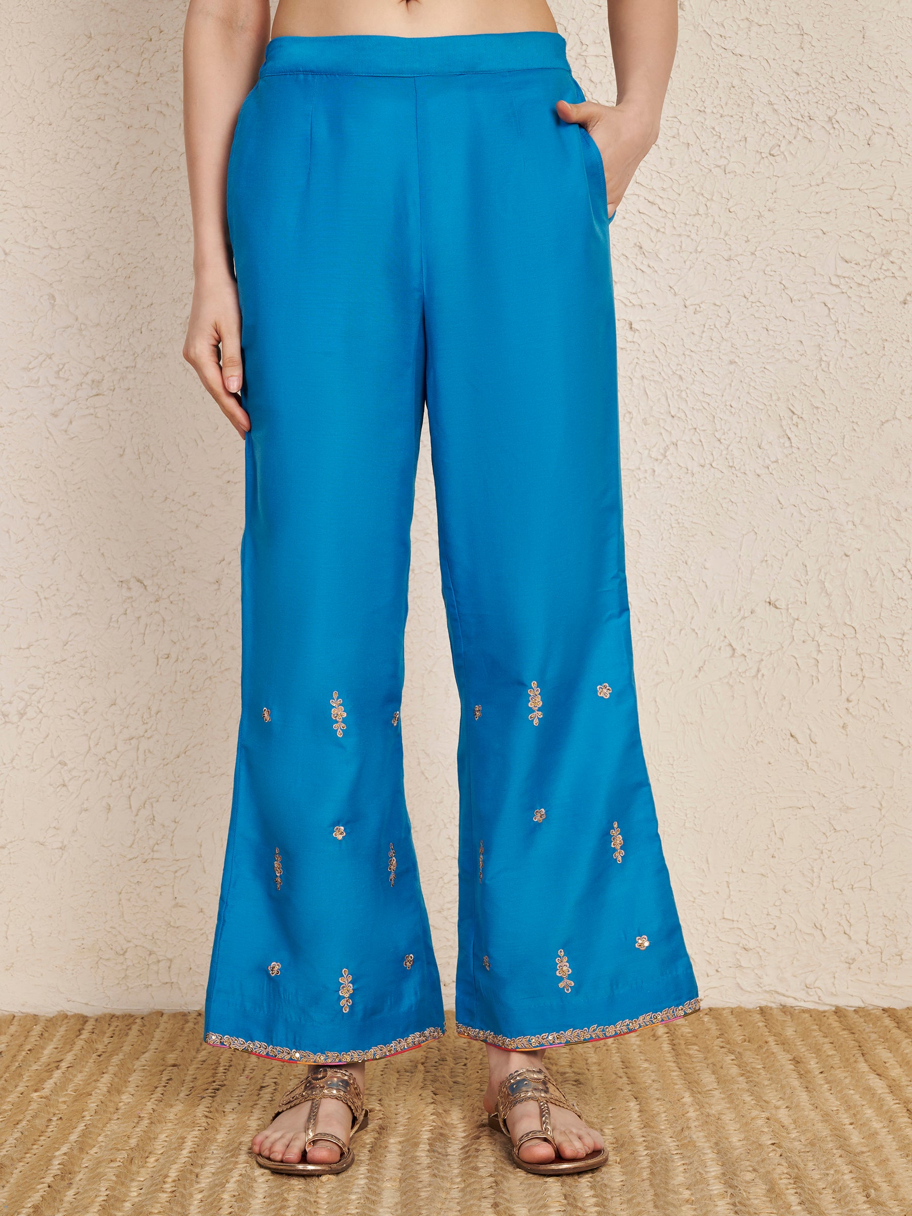 Turquoise Art Silk Kurta Set with Red Chanderi Sleeves