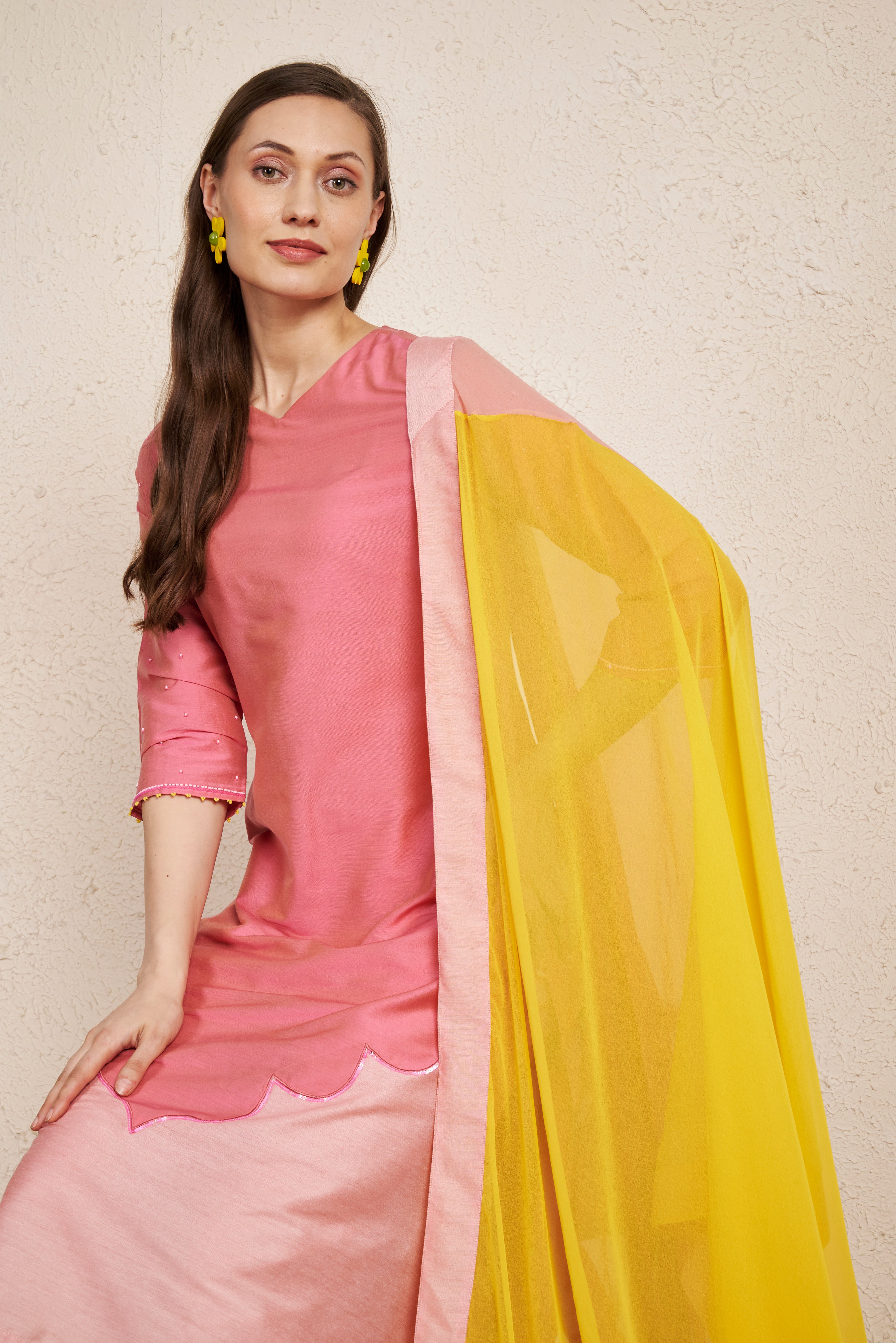 Ombre Rose Pink Hand Embroidered Kurta Set with Chiffon Dupatta