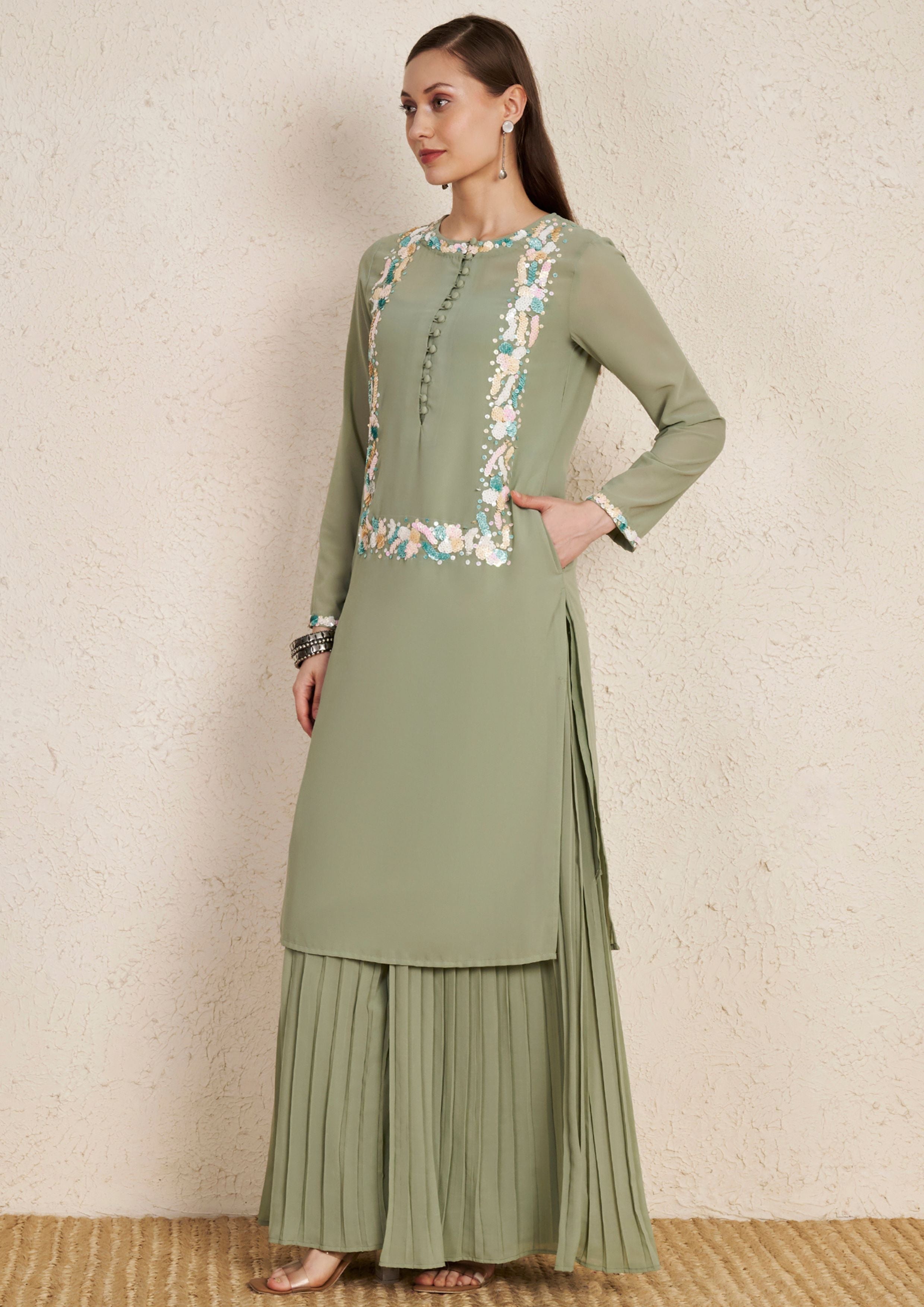 Pastel Sage Green Embroidered Kurta Set with Pleated Palazzo