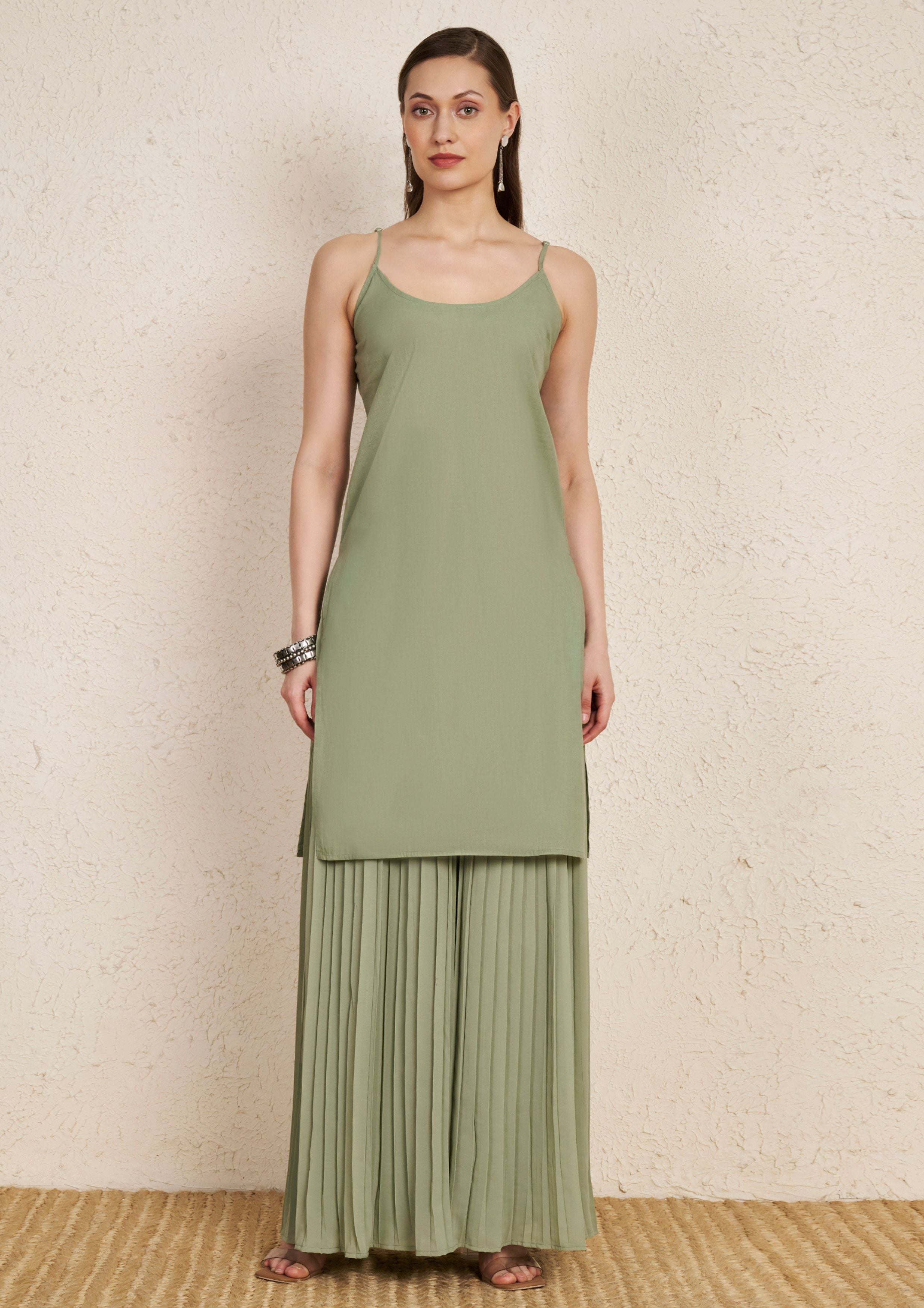 Pastel Sage Green Embroidered Kurta Set with Pleated Palazzo