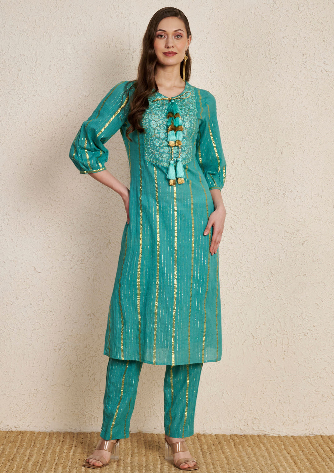 Teal Golden Stripes Silk Embroidered  Cotton Kurta Set