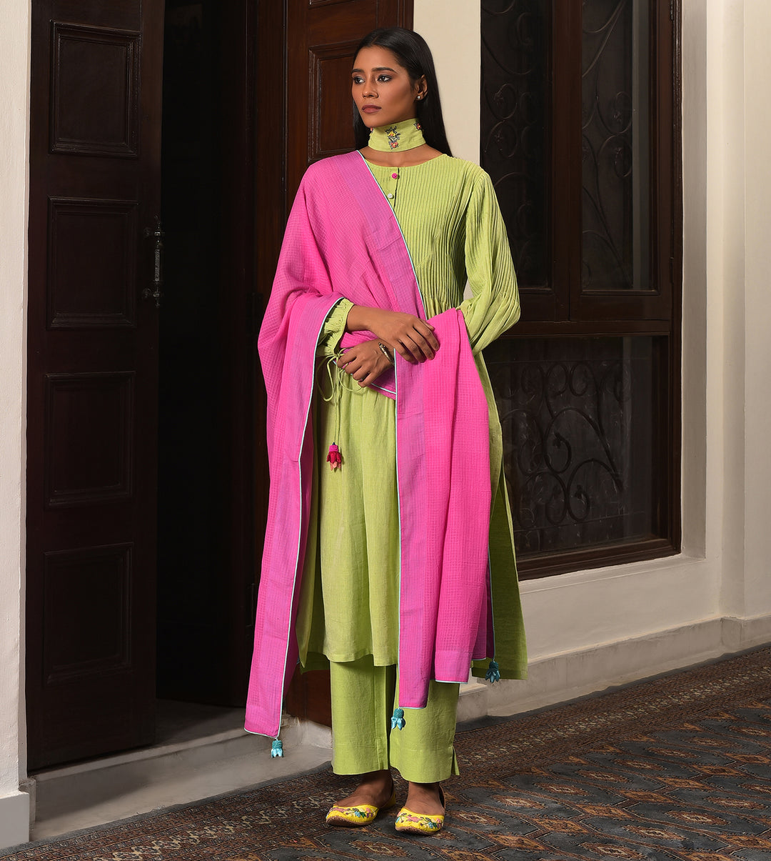 Pastel Madeow Khadi Pleated A-line kurta set
