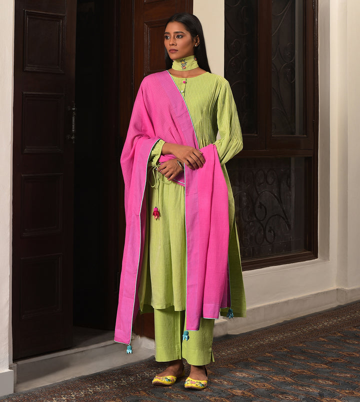 Pastel Madeow Khadi Pleated A-line kurta set