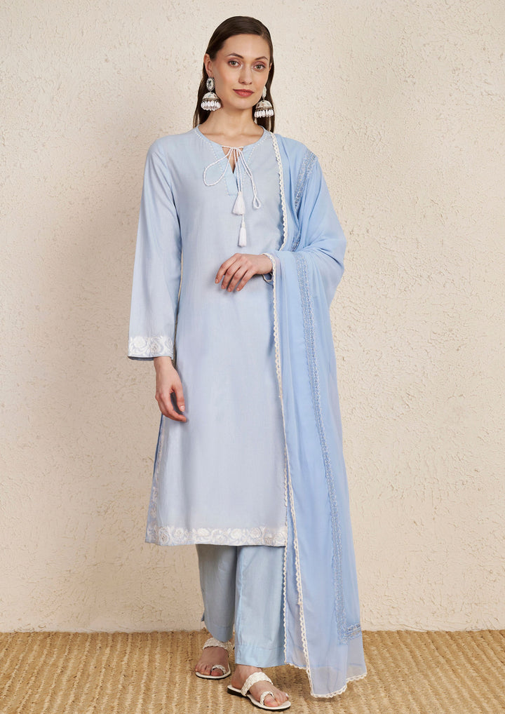 Pastel Sky Blue Embroidered Cotton Kurta Set with Georgette Dupatta