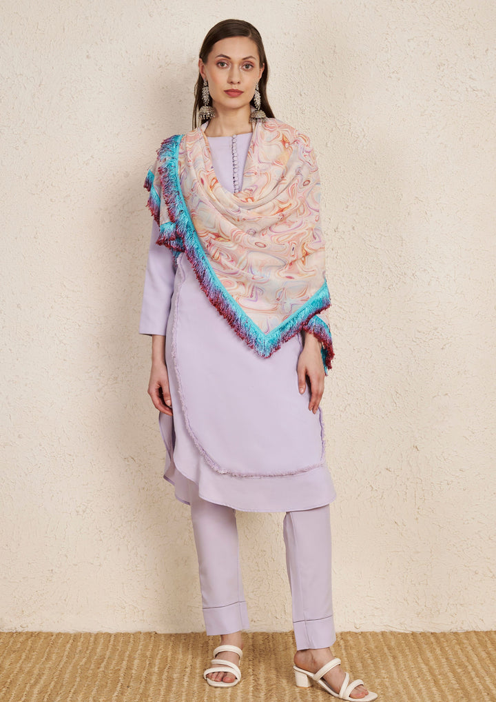 Pastel Purple Kurta Set with Georgette Fringe Scarf