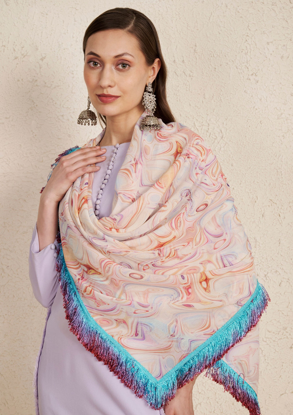 Pastel Purple Kurta Set with Georgette Fringe Scarf