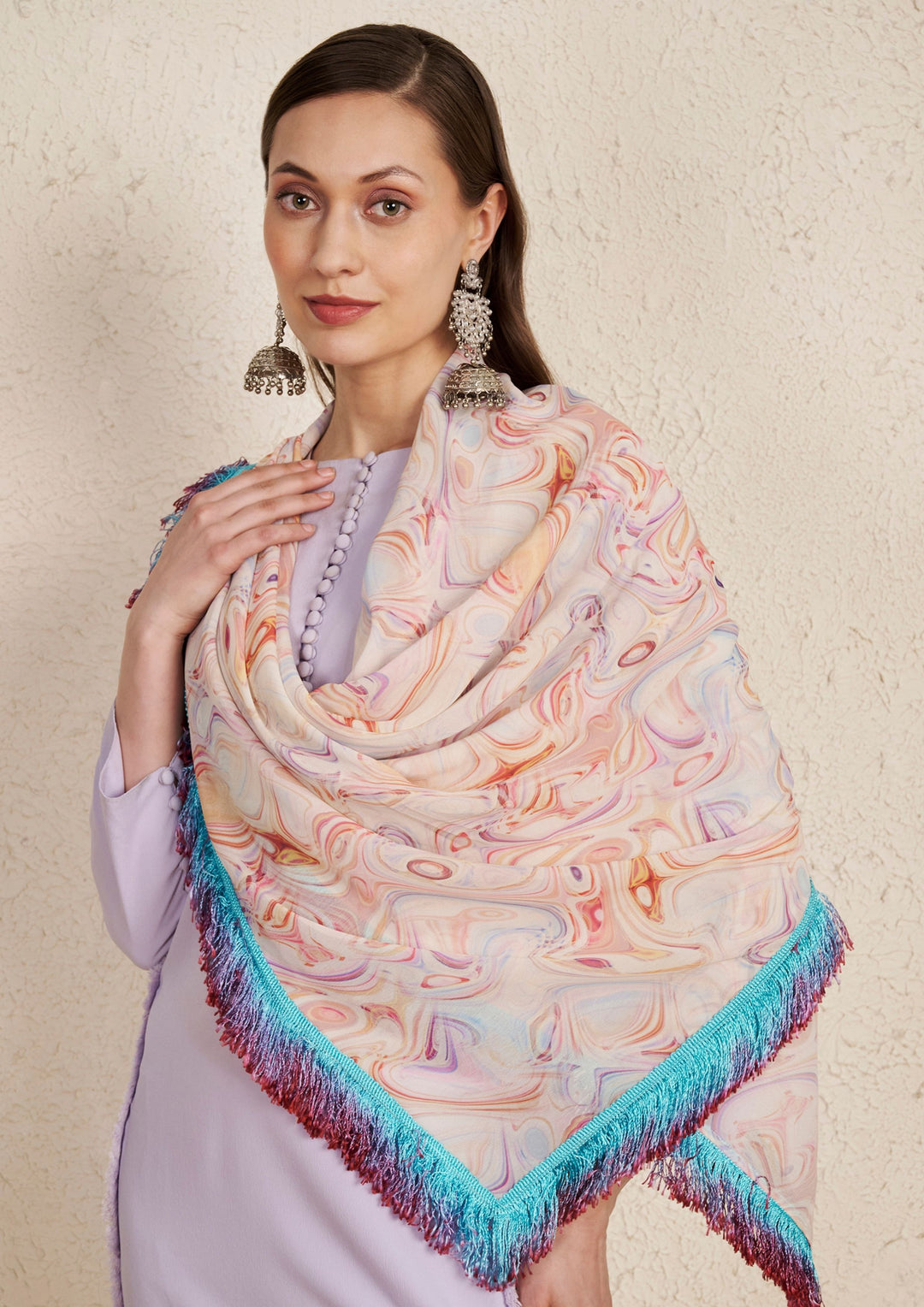 Pastel Purple Kurta Set with Georgette Fringe Scarf