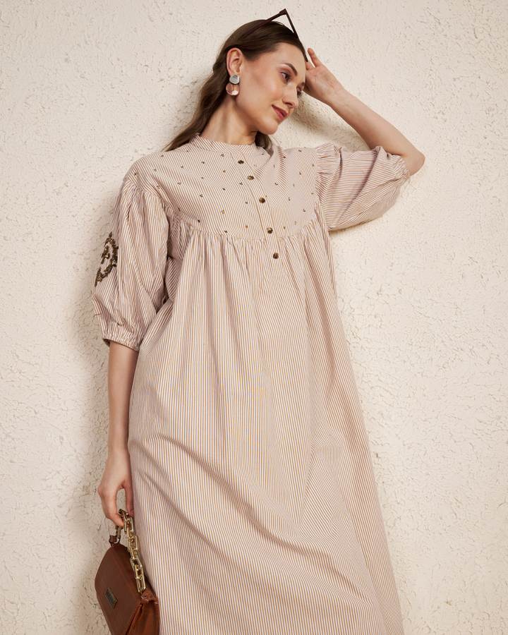 Beige Latte Stripes Cotton Kurta Set