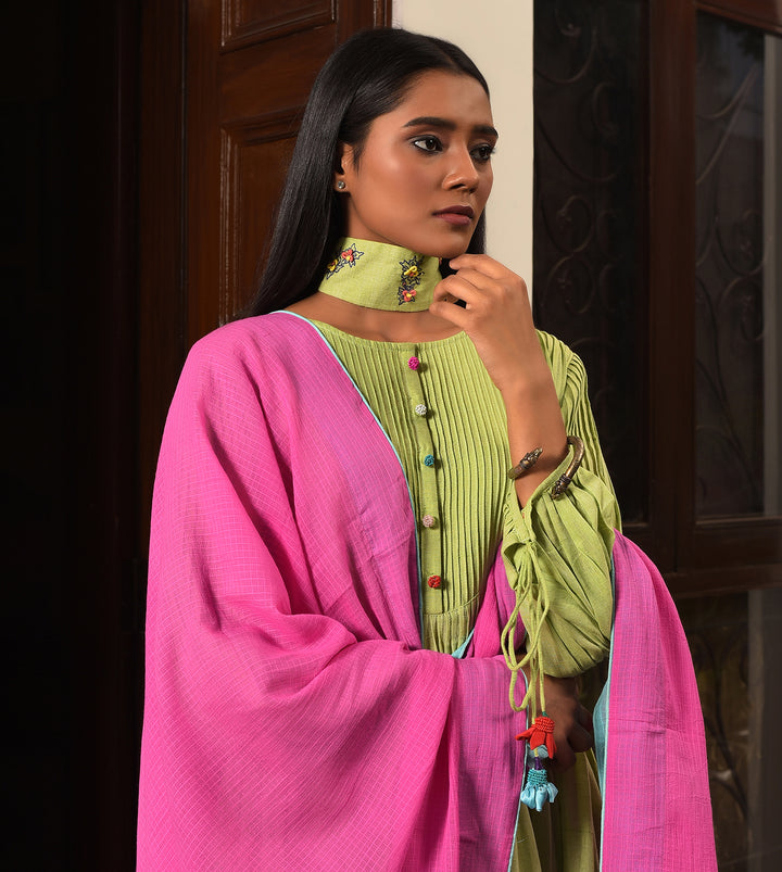 Pastel Madeow Khadi Pleated A-line kurta set