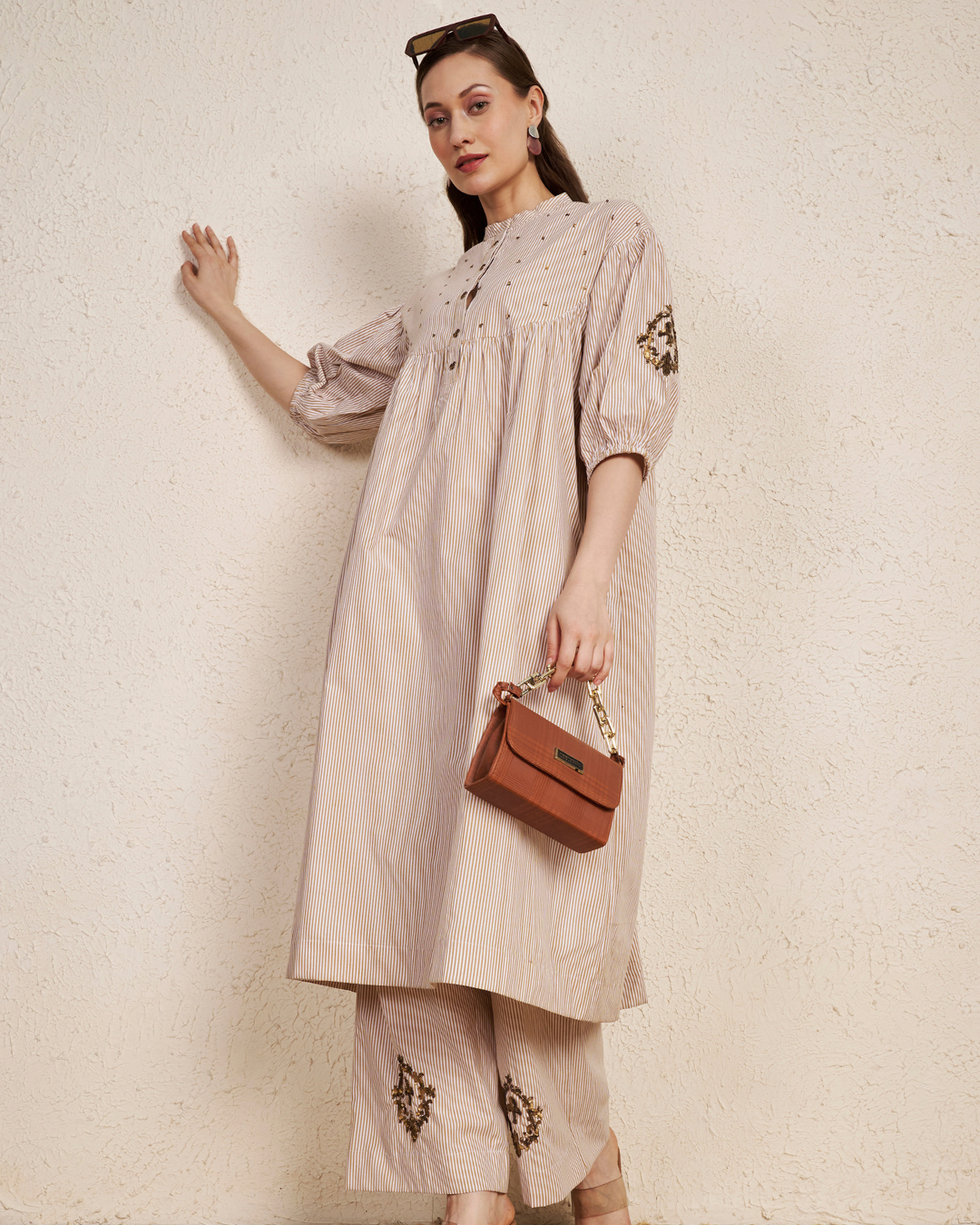 Beige Latte Stripes Cotton Kurta Set