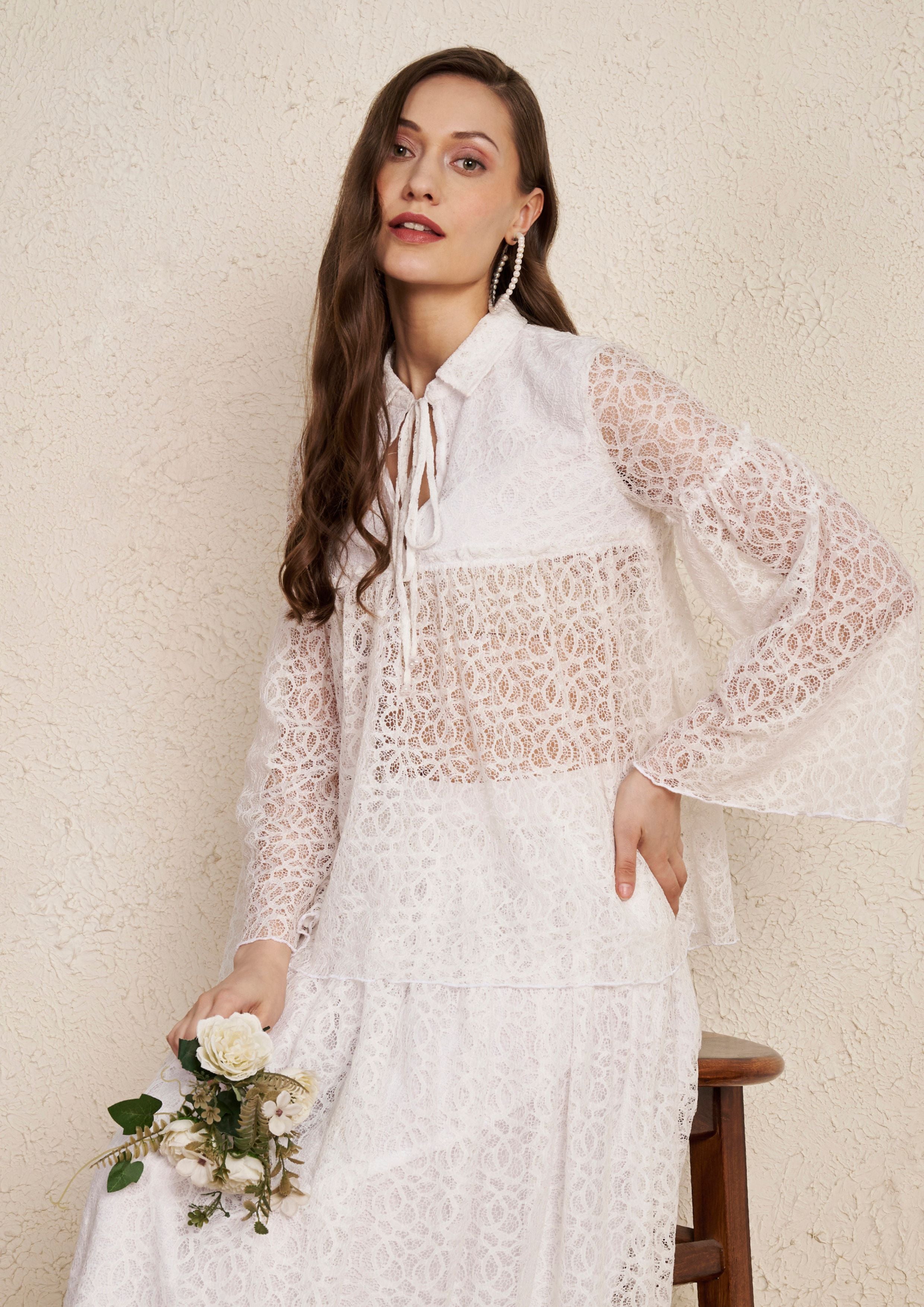 White Lace Top & Flared Skirt