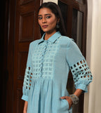 Raass Sky Blue Grid Pattern Handwoven Cotton Kurta and Salwar Set