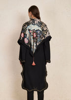 Pakistani Black Kurta Set with Floral Print Satin Scarf