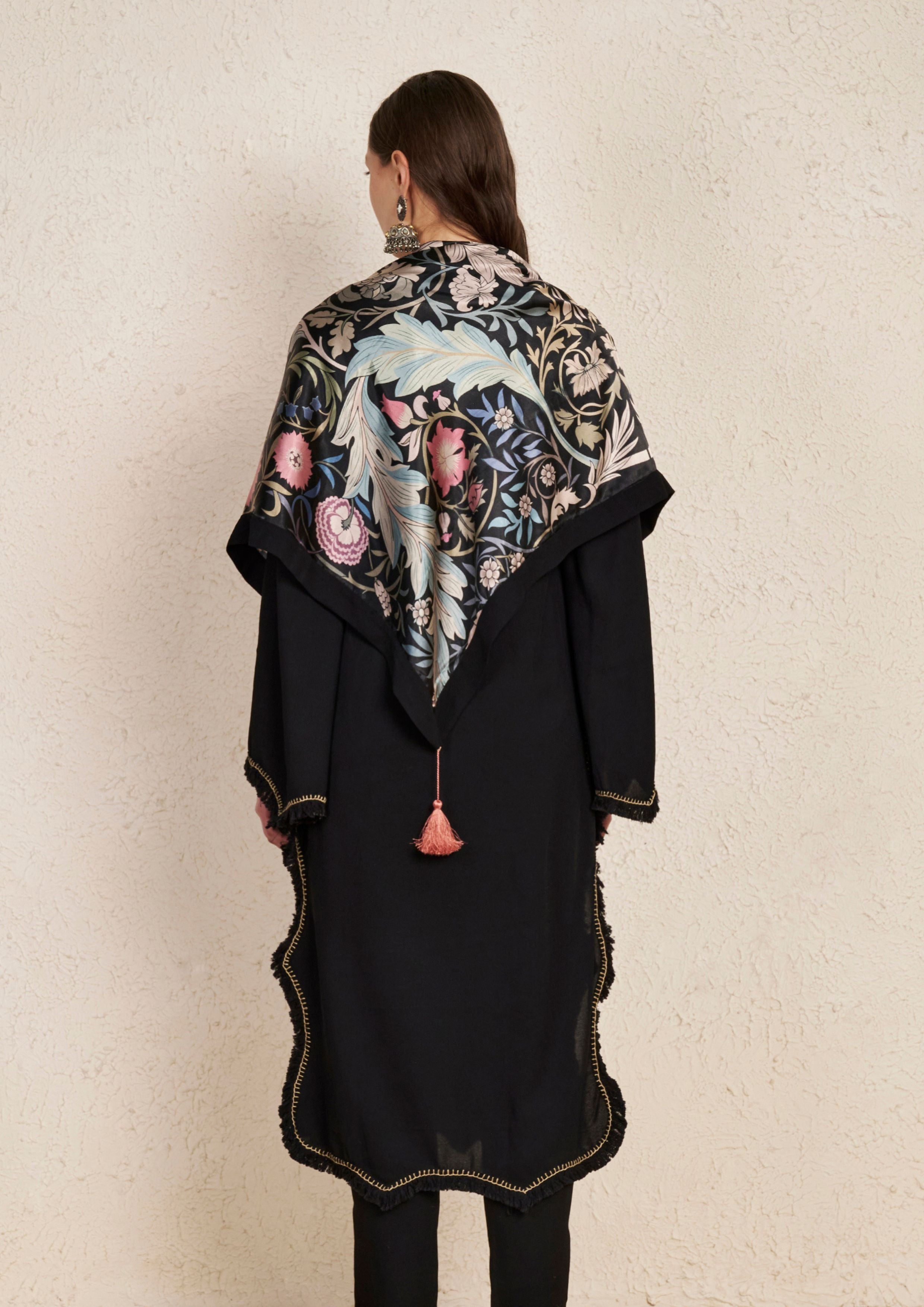 Pakistani Black Kurta Set with Floral Print Satin Scarf