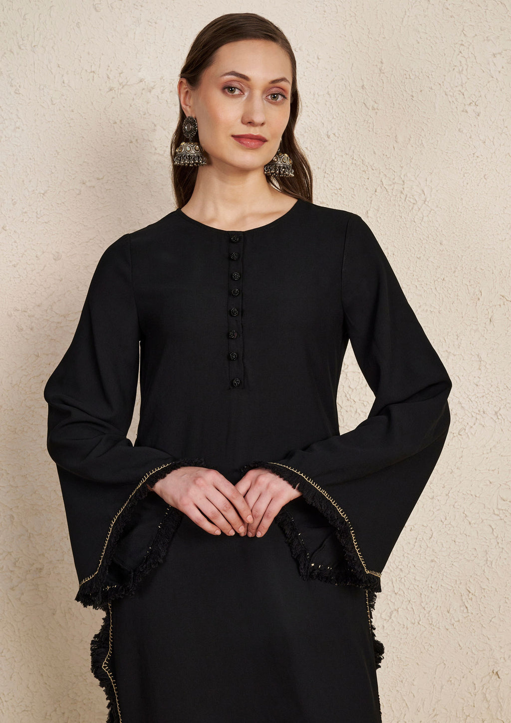 Pakistani Black Kurta Set with Floral Print Satin Scarf