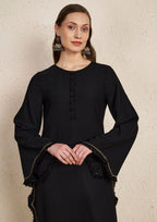 Pakistani Black Kurta Set with Floral Print Satin Scarf