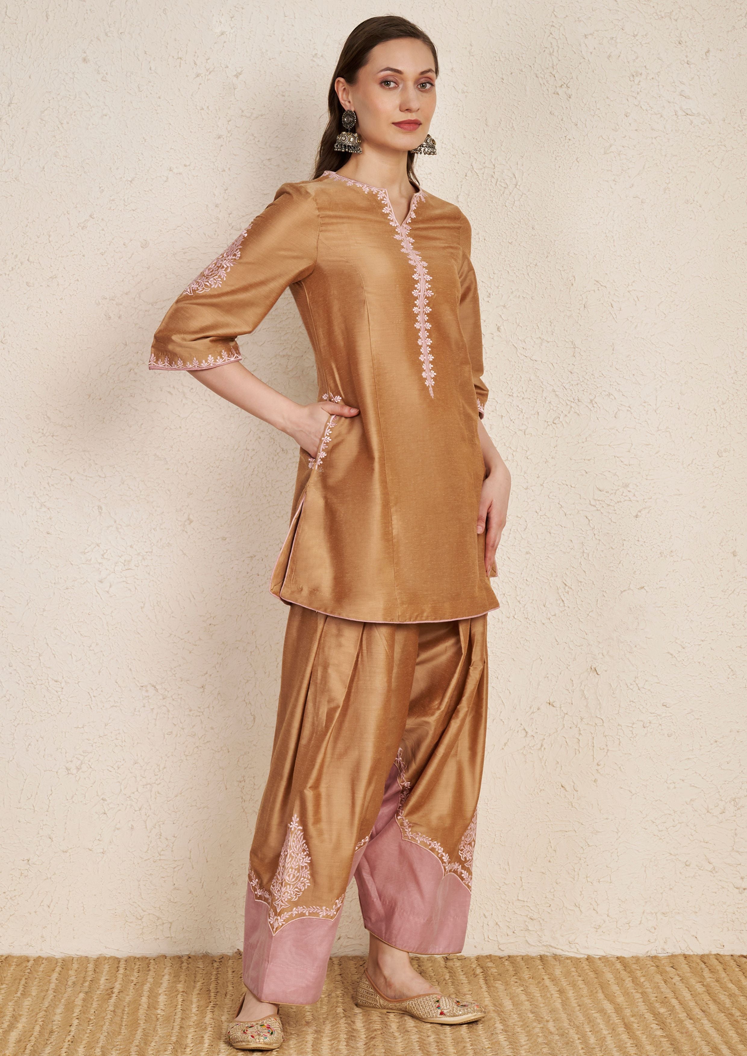 Beige Chanderi Hand Embroidered Kurta Set