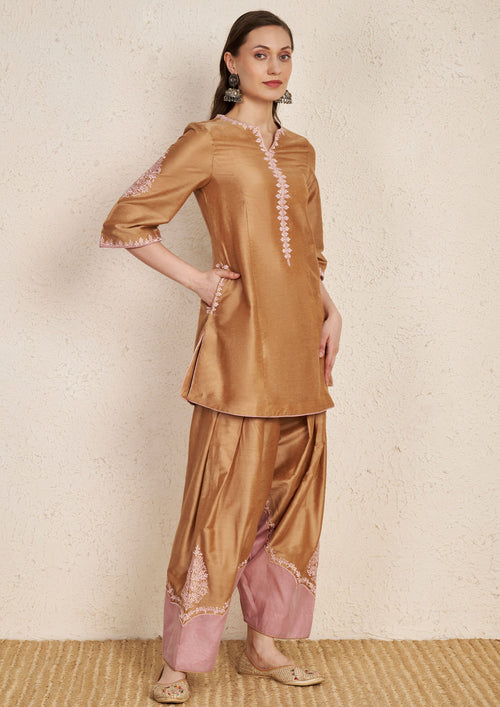 Beige Chanderi Hand Embroidered Kurta Set