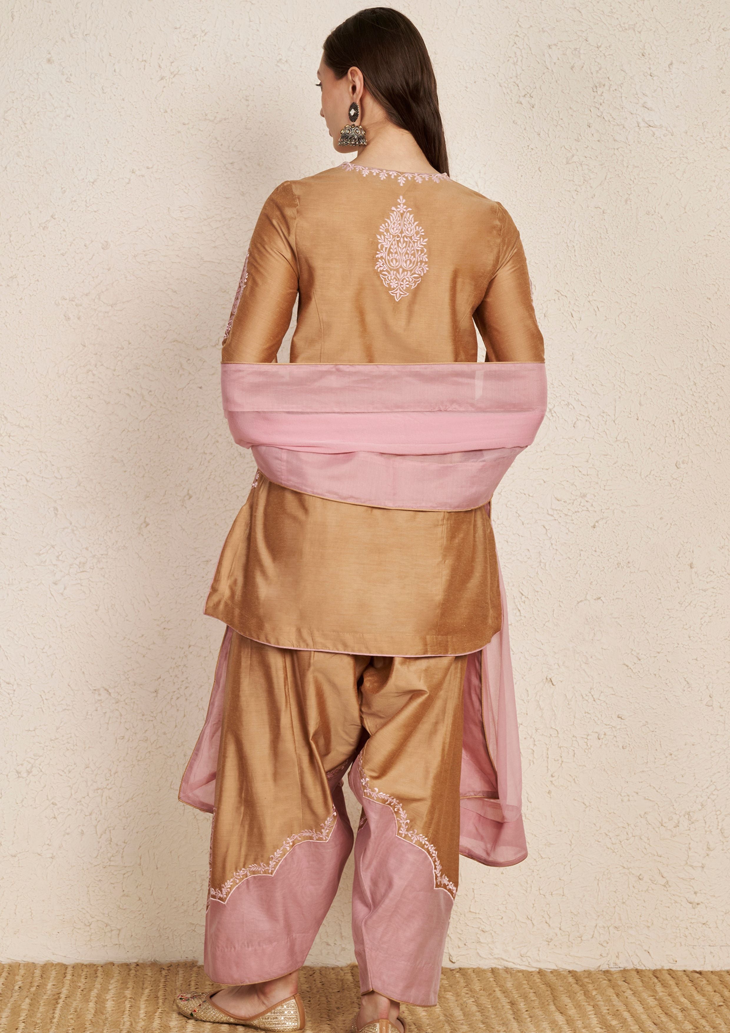 Beige Chanderi Hand Embroidered Kurta Set