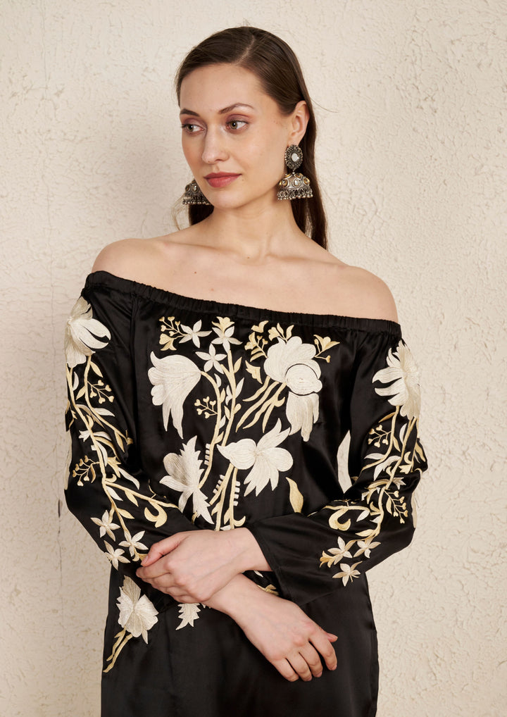 Off Shoulder Silk Embroidery Satin Kurta Set with Georgette Dupatta