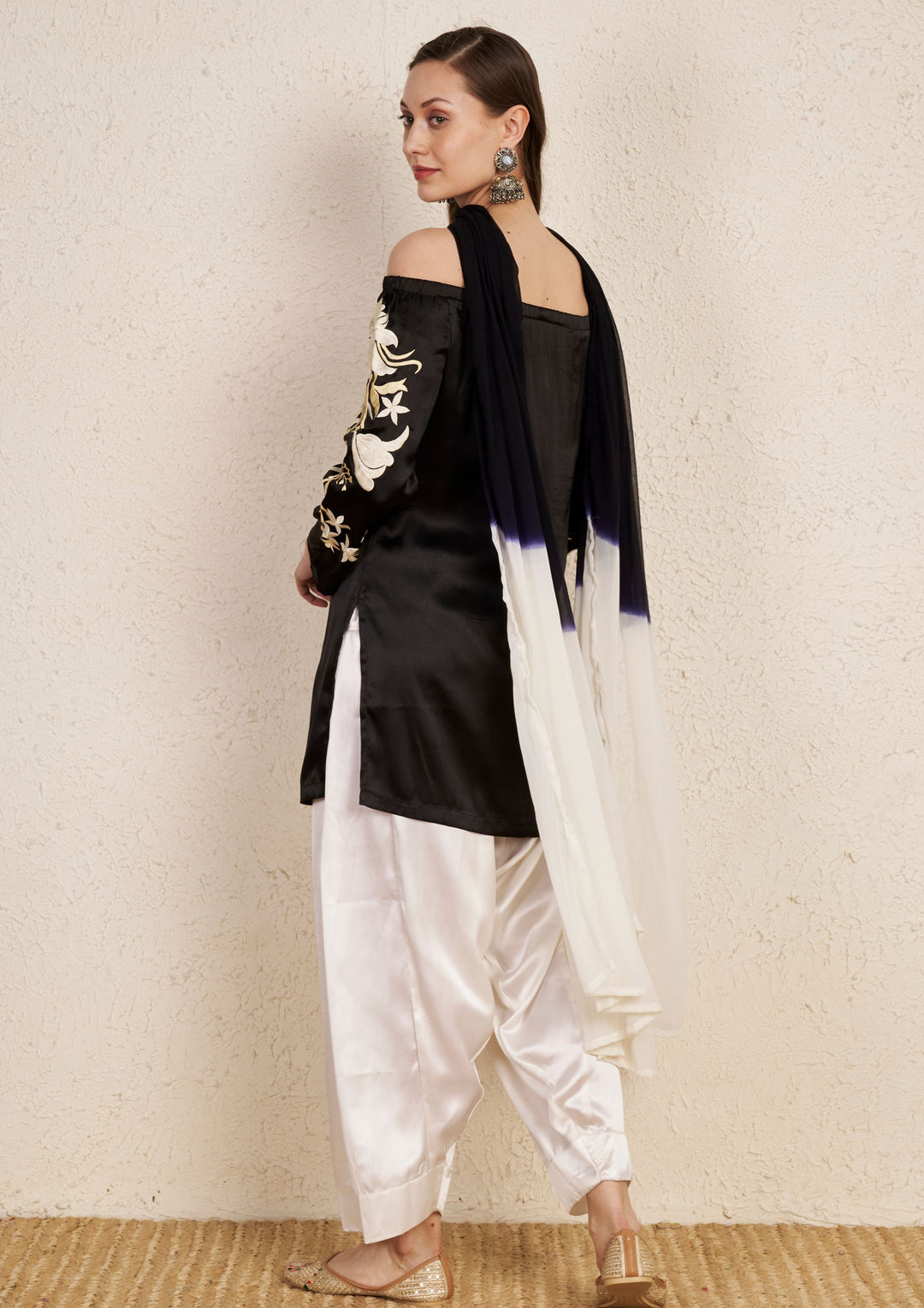 Off Shoulder Silk Embroidery Satin Kurta Set with Georgette Dupatta