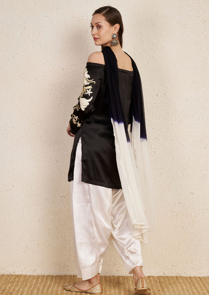 Off Shoulder Silk Embroidery Satin Kurta Set with Georgette Dupatta