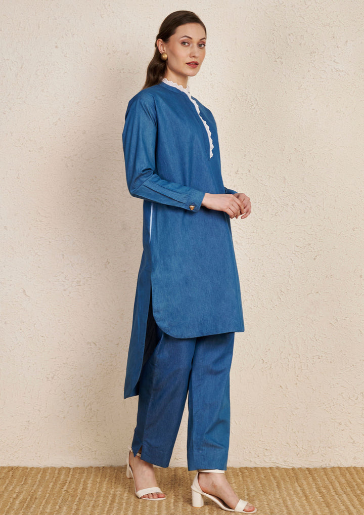 Denim Minimal Kurta Set with Lace Detail