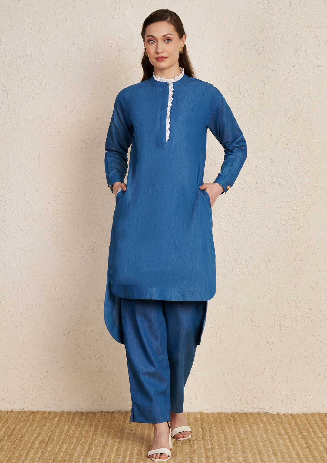 Denim Minimal Kurta Set with Lace Detail