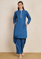 Denim Minimal Kurta Set with Lace Detail