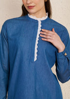 Denim Minimal Kurta Set with Lace Detail