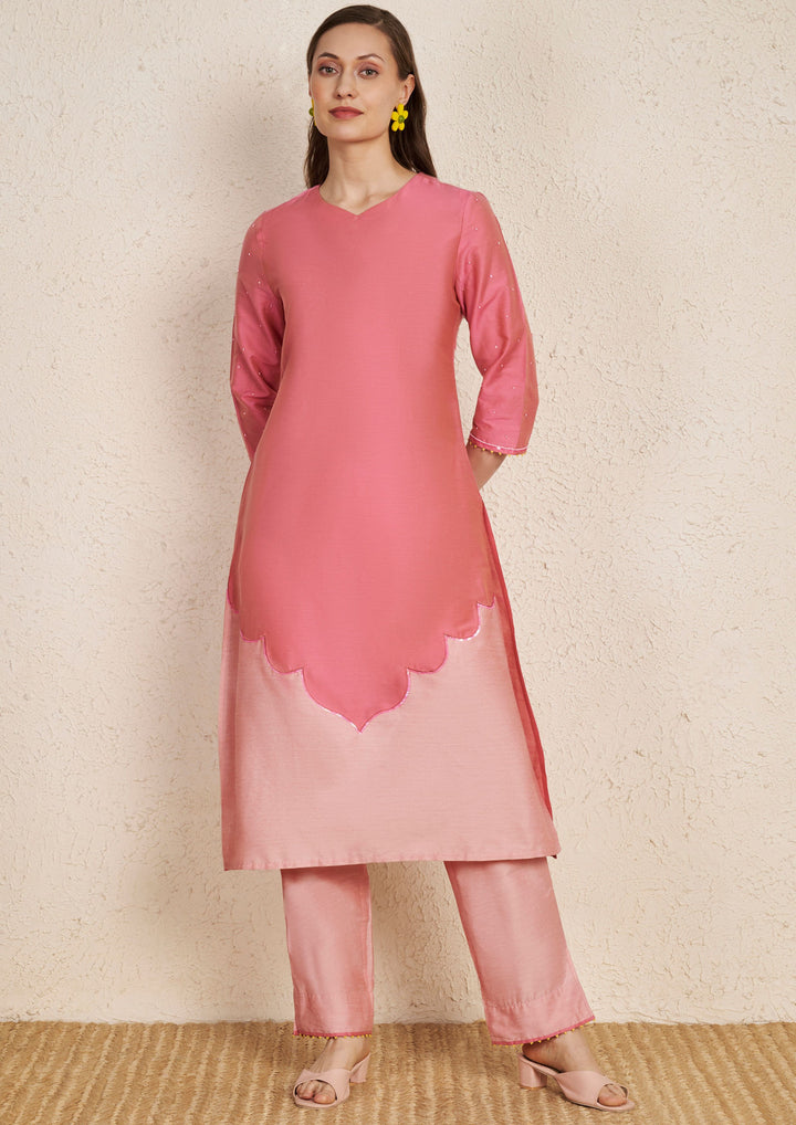 Ombre Rose Pink Hand Embroidered Kurta Set with Chiffon Dupatta