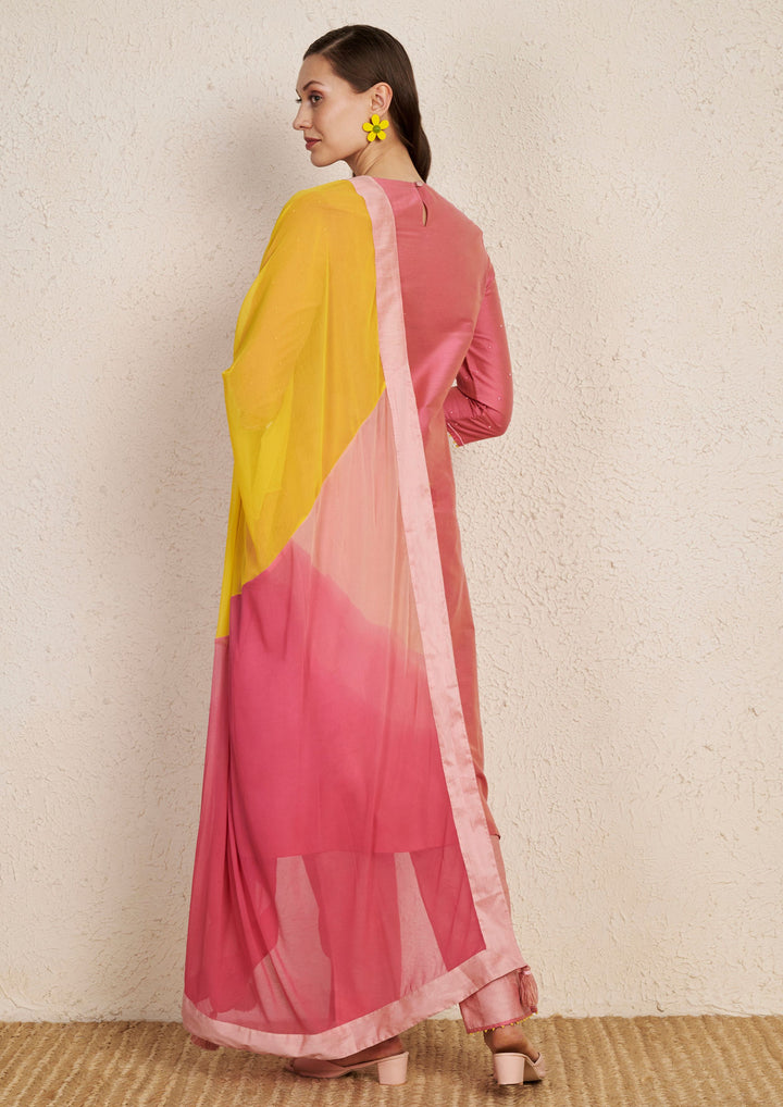 Ombre Rose Pink Hand Embroidered Kurta Set with Chiffon Dupatta