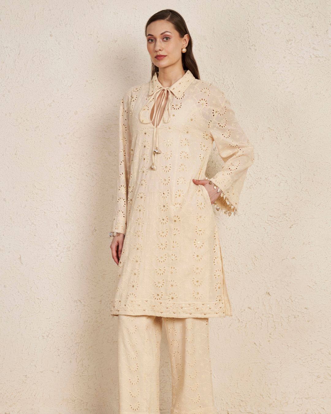 Beige Schiffli Cotton Kurta Set