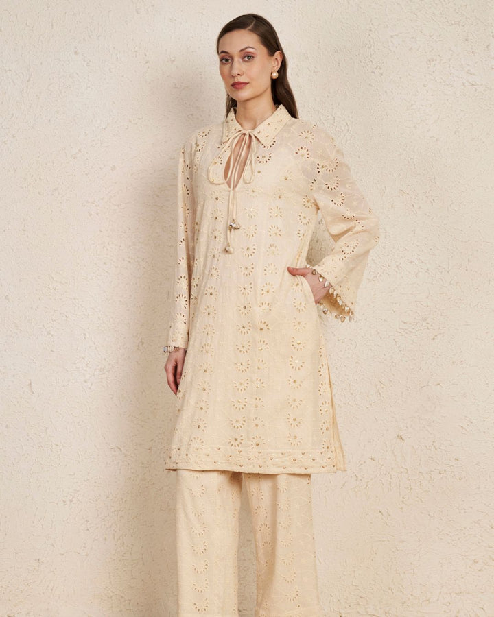 Beige Schiffli Cotton Kurta Set