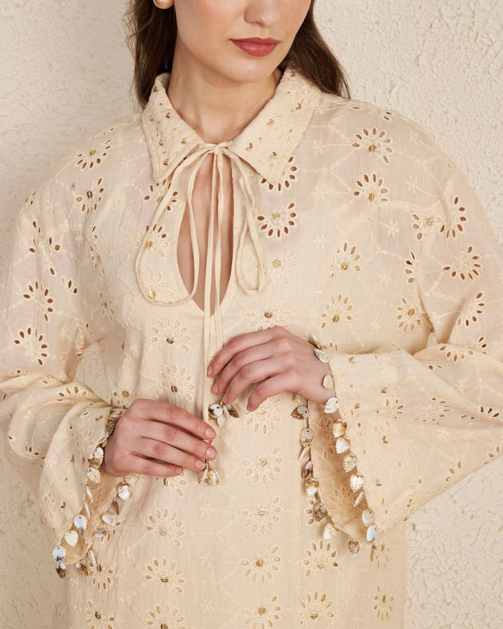 Beige Schiffli Cotton Kurta Set