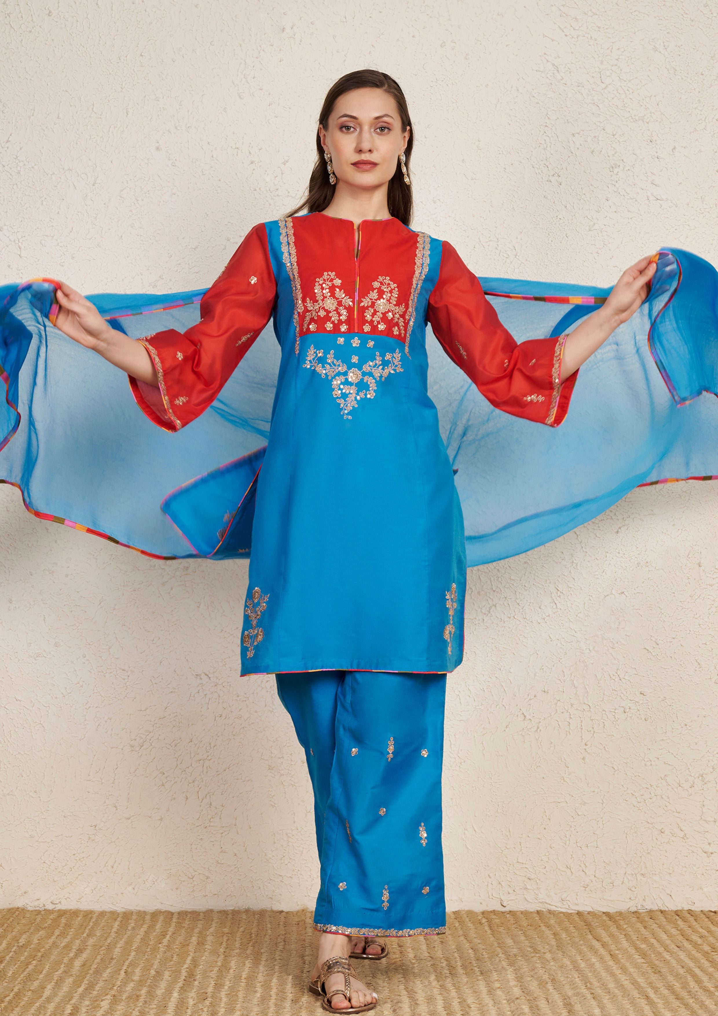 Turquoise Art Silk Kurta Set with Red Chanderi Sleeves