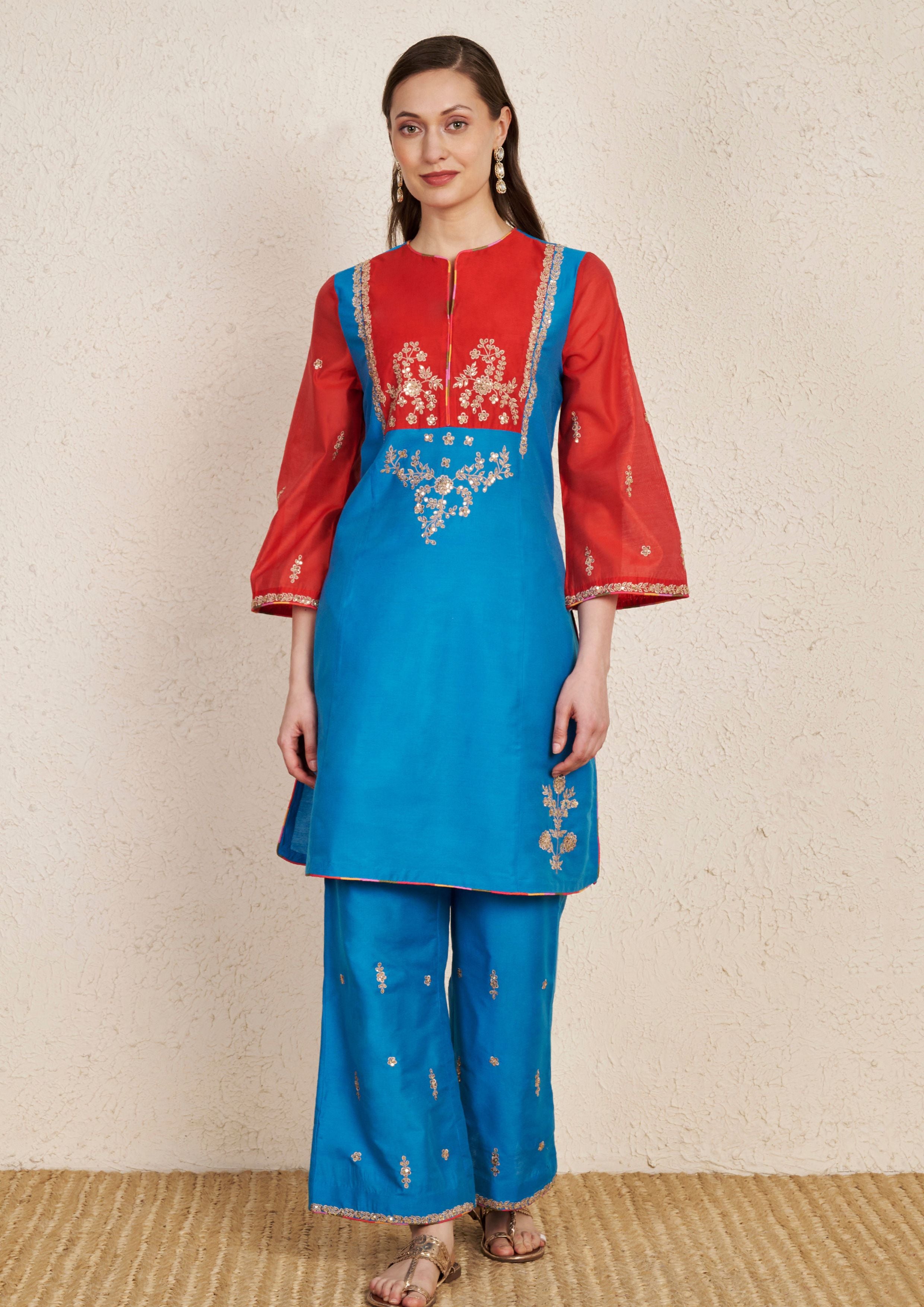 Turquoise Art Silk Kurta Set with Red Chanderi Sleeves