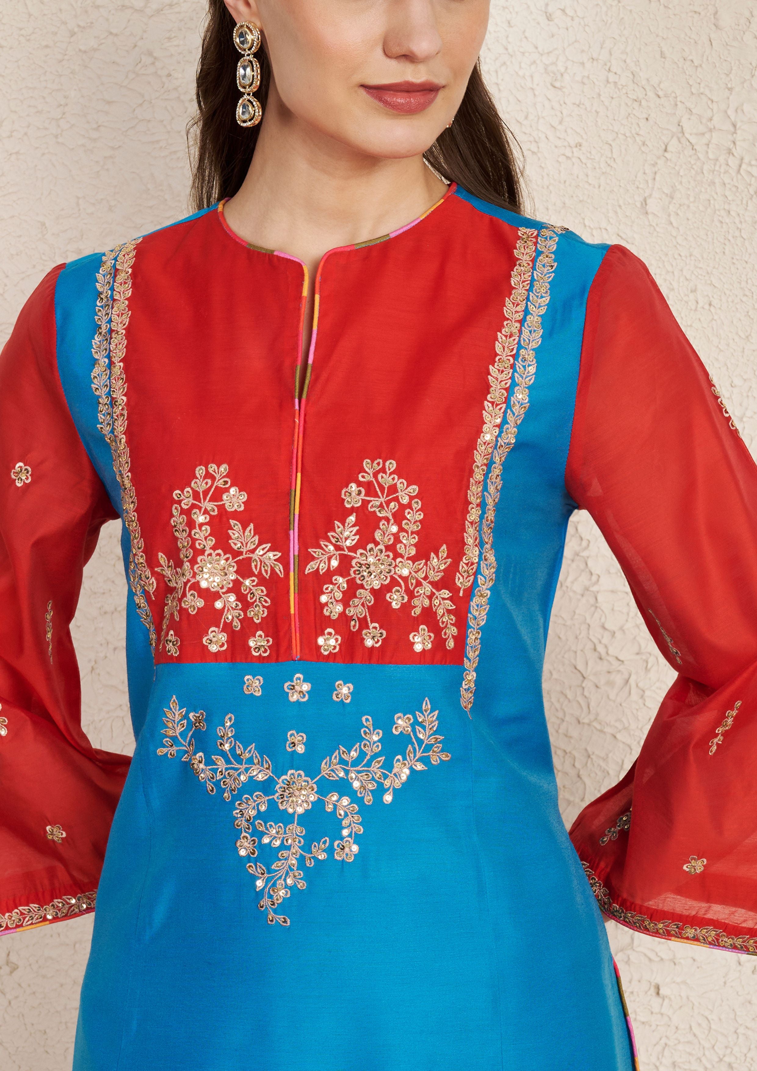 Turquoise Art Silk Kurta Set with Red Chanderi Sleeves