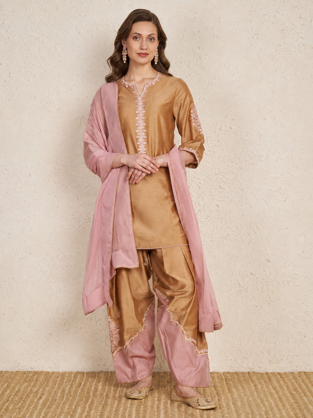 Beige Chanderi Hand Embroidered Kurta Set