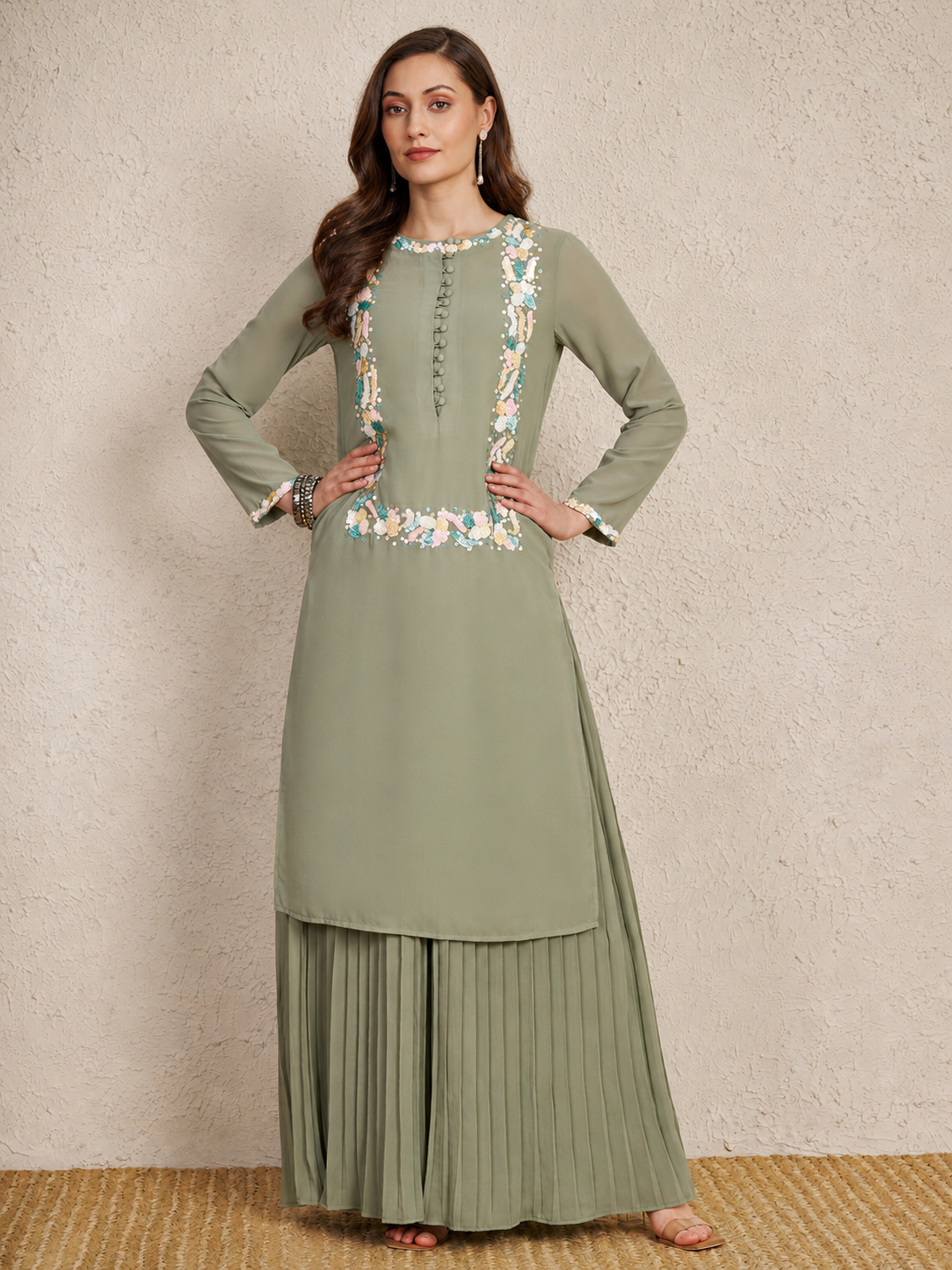 Pastel Sage Green Embroidered Kurta Set with Pleated Palazzo